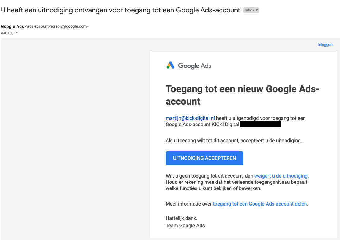 Uitnodiging accepteren voor Google Ads