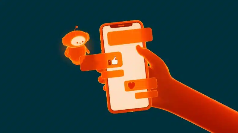Oranje Chatbot met oranje telefoon en hand