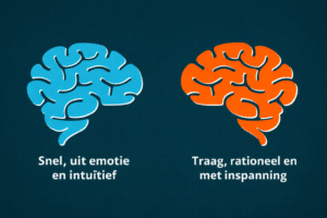 Linker brein lichtblauw en rechter brein oranje op donker blauwe achtergrond