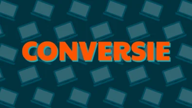 Oranje titel conversie met donkerblauw achtergrond en veel kleine lichtblauwe laptops