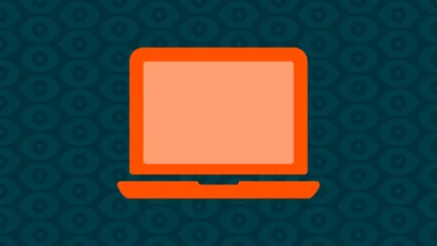 Orange laptop with dark blue background and many lighter blue eyes