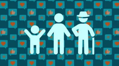 Meerdere generaties in lichtblauw met achtergrond van likes en hartjes