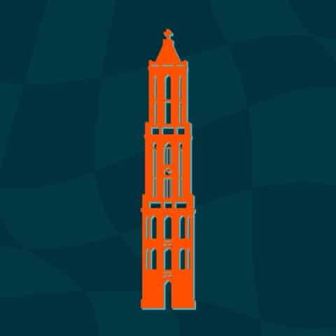 Oranje domtoren op blauwe achtergrond